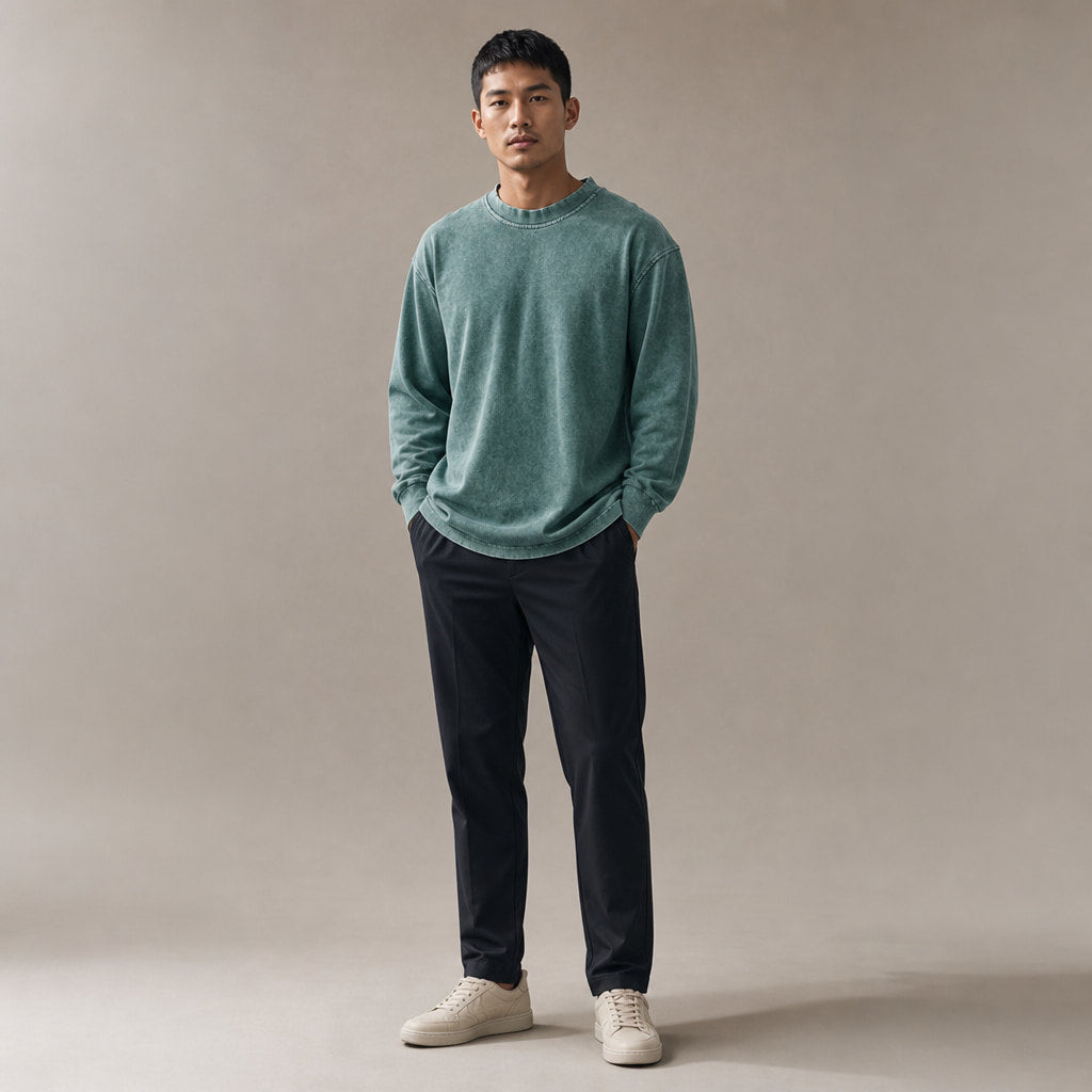 Long Sleeve Shirt Crew Neck Relaxed Fit Green – Full Look