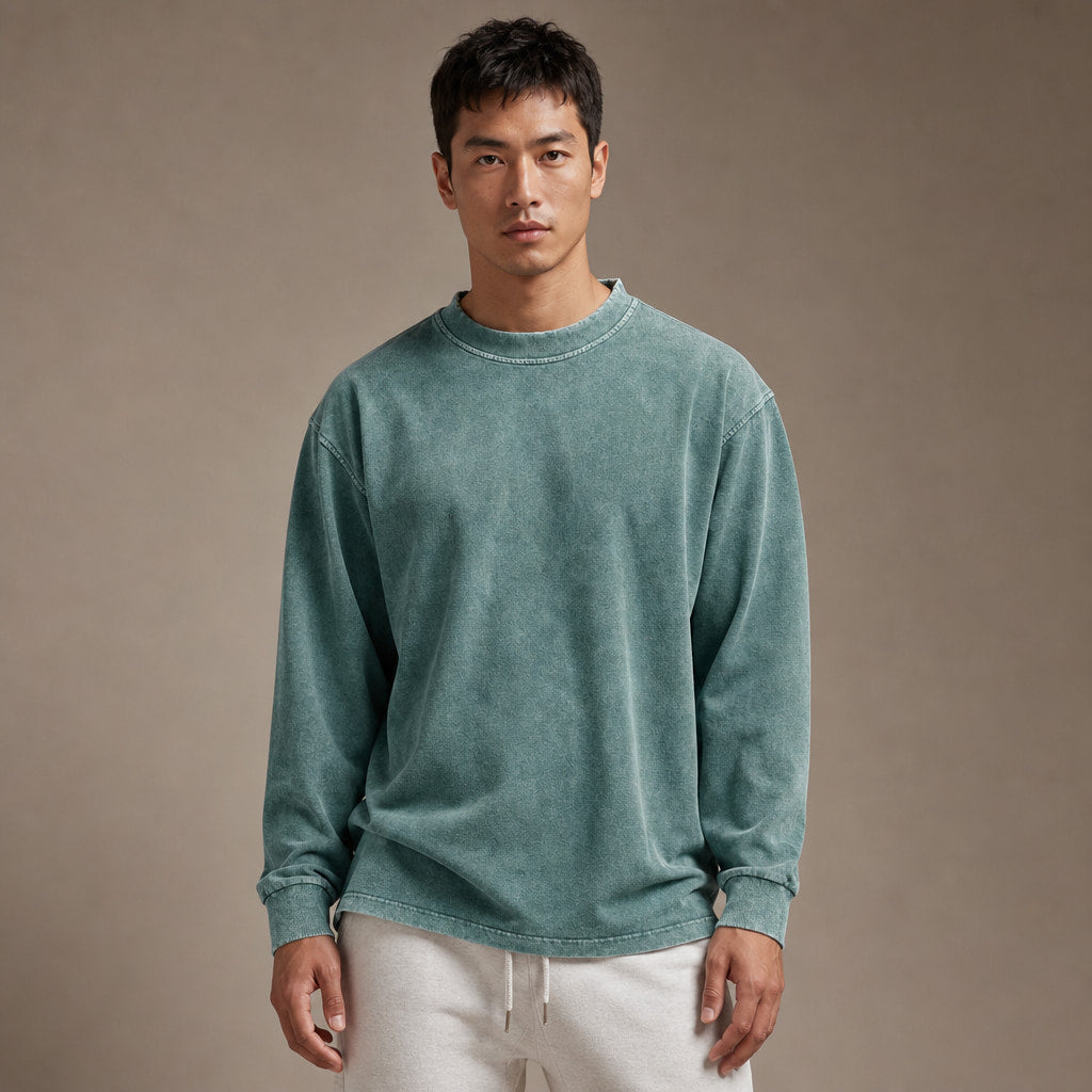 Long Sleeve Shirt Crew Neck Relaxed Fit in Green – Tarlano Premium Menswear