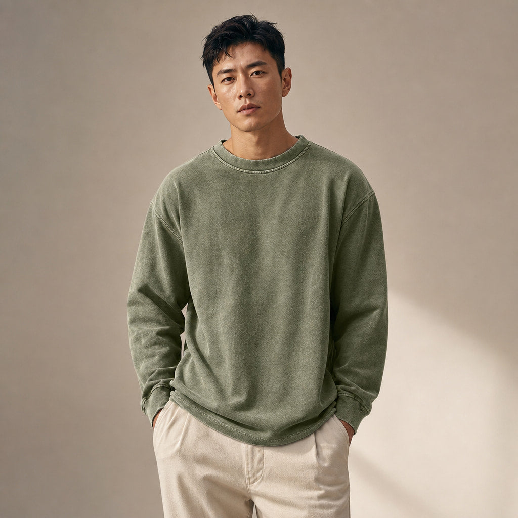 Long Sleeve Shirt Crew Neck Relaxed Fit Military Green – Product Photo