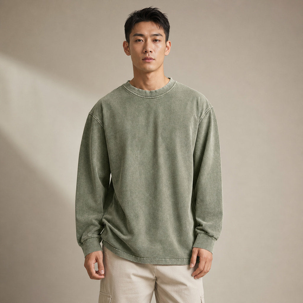 Long Sleeve Shirt Crew Neck Relaxed Fit in Military Green – Tarlano Premium Menswear