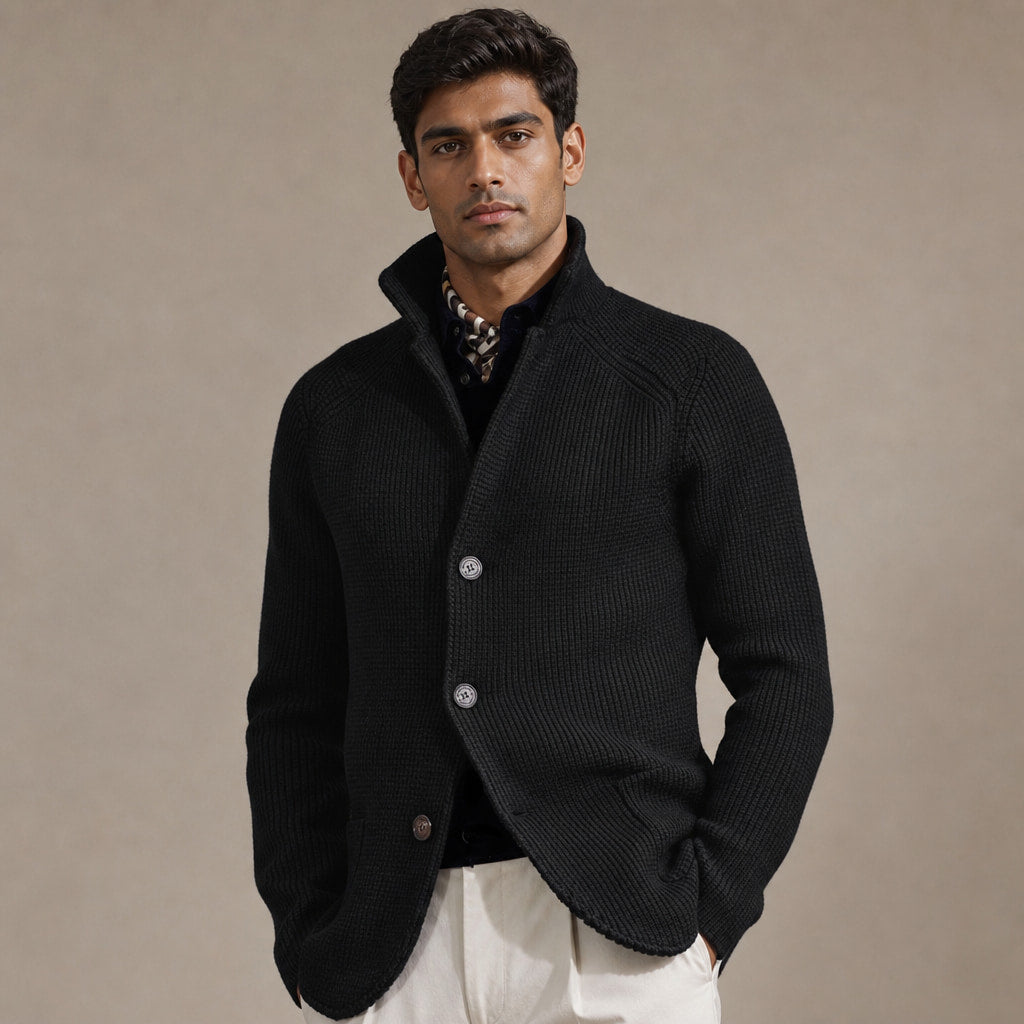 Cardigan Button Front Knit Relaxed Fit in Black – Tarlano Premium Menswear