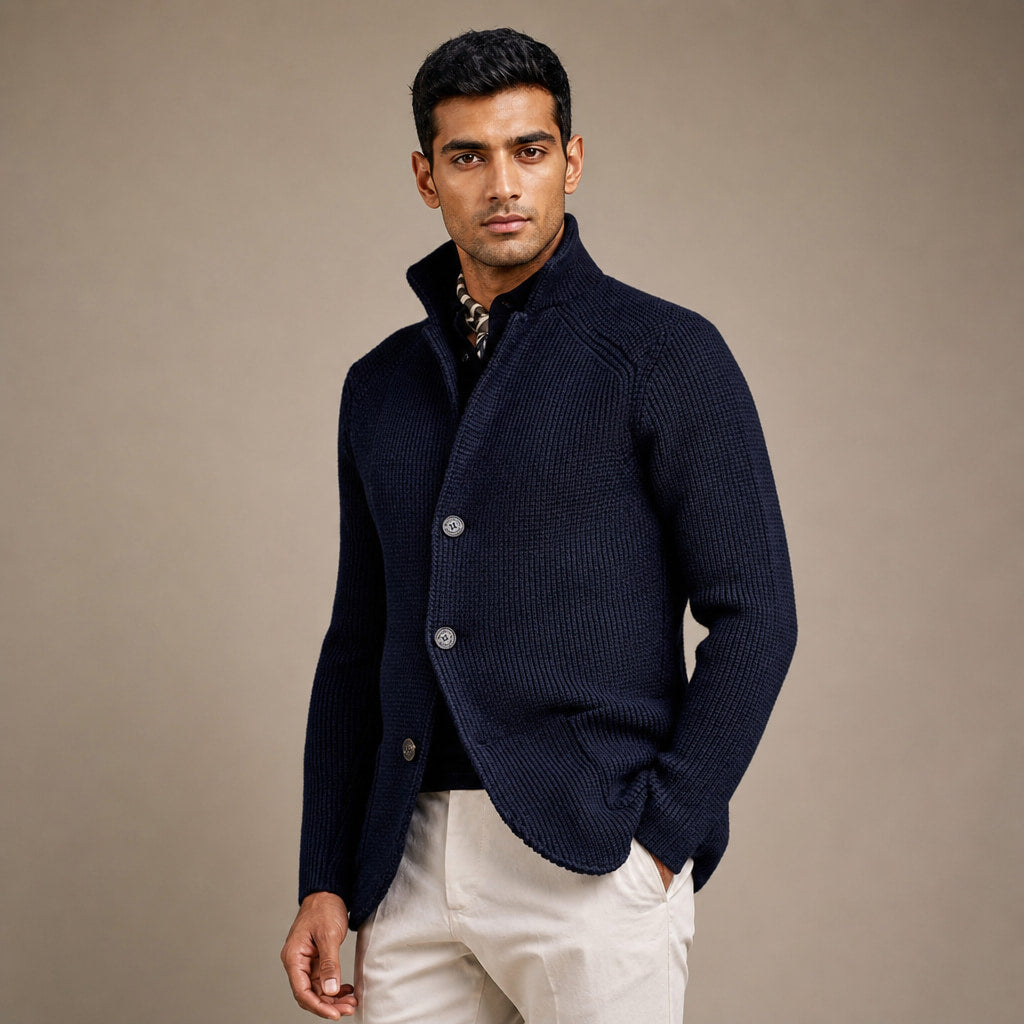 Cardigan Button Front Knit Relaxed Fit Blue – Side Angle View