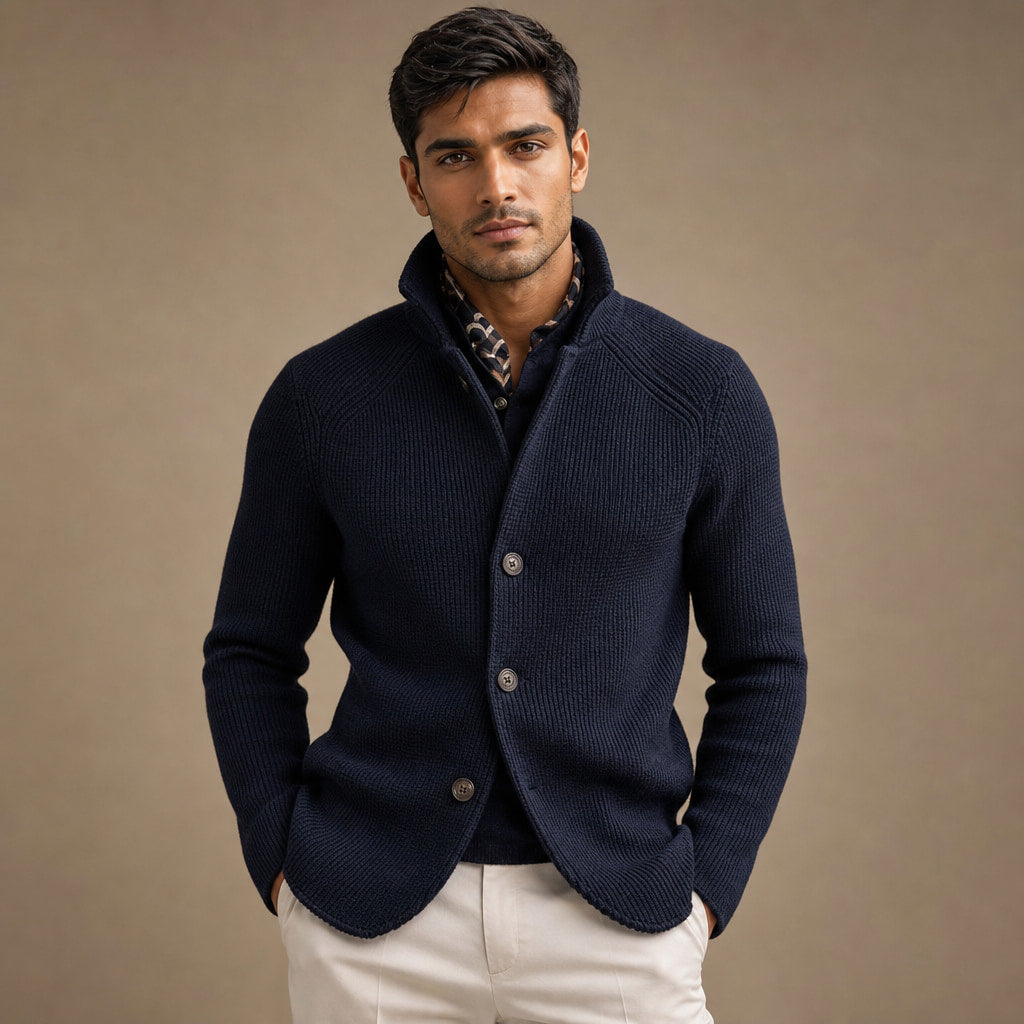 Cardigan Button Front Knit Relaxed Fit in Blue – Tarlano Premium Menswear