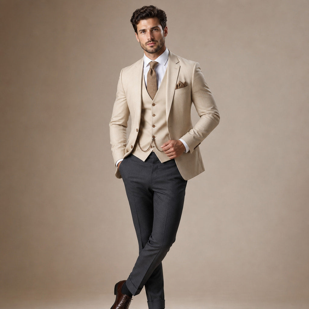 Three Piece Suit Breathable Weave Beige – Side Angle View
