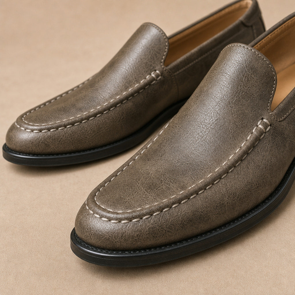 Leather Loafer Shoes Slip On Brown – Fabric and Detail Close-Up