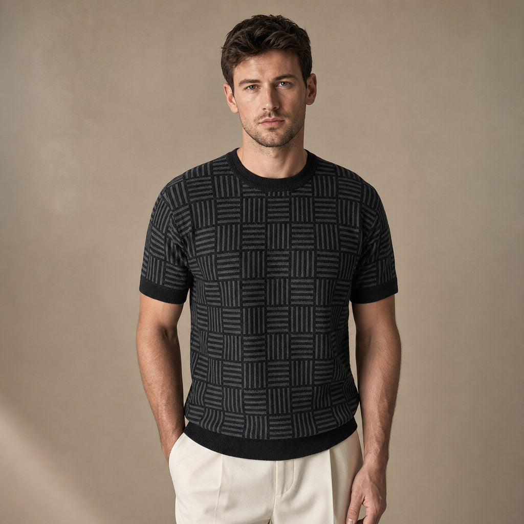 Knit Tee Jacquard Crew Neck in Midnight Graphite – Tarlano Premium Menswear