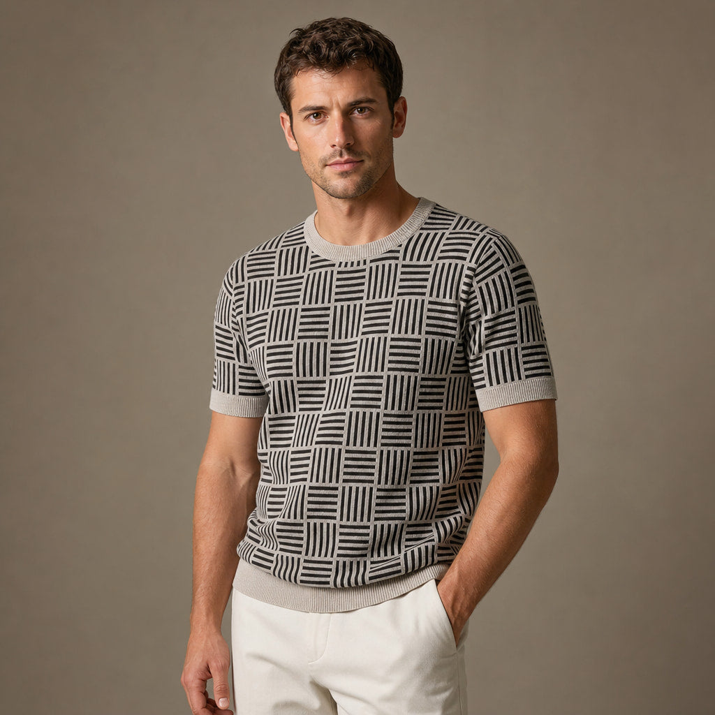 Knit Tee Jacquard Crew Neck Sandstone Black – Side Angle View