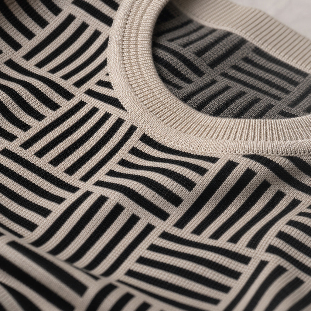 Knit Tee Jacquard Crew Neck Sandstone Black – Fabric and Detail Close-Up
