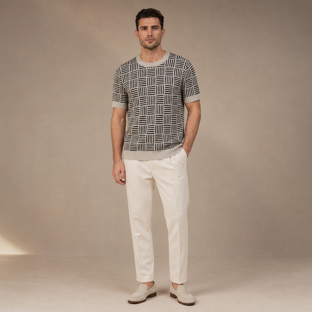 Knit Tee Jacquard Crew Neck Sandstone Black – Full Look