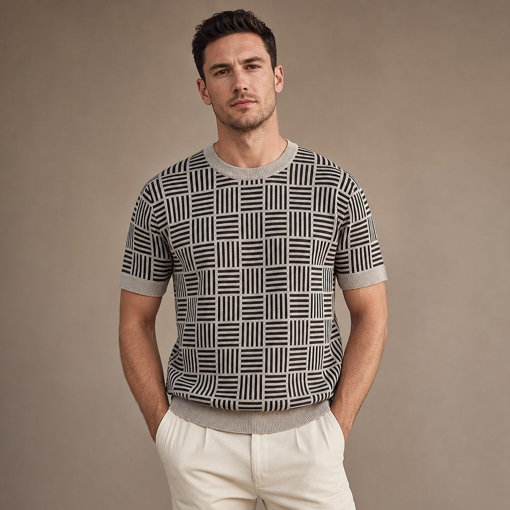 Knit Tee Jacquard Crew Neck in Sandstone Black – Tarlano Premium Menswear