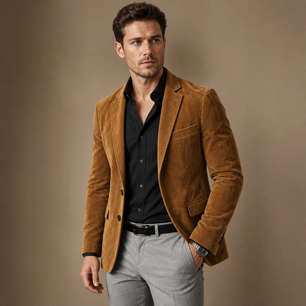 Suede Blazer Slim Fit Two Button Khaki – Side Angle View