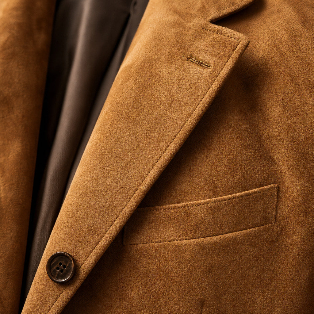 Suede Blazer Slim Fit Two Button Khaki – Fabric and Detail Close-Up