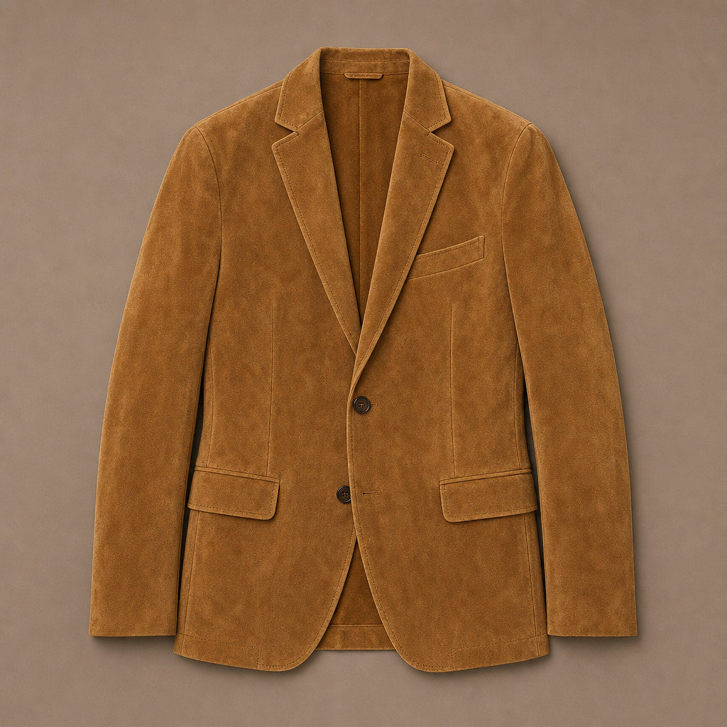 Suede Blazer Slim Fit Two Button Khaki – Flat Lay Product Photo