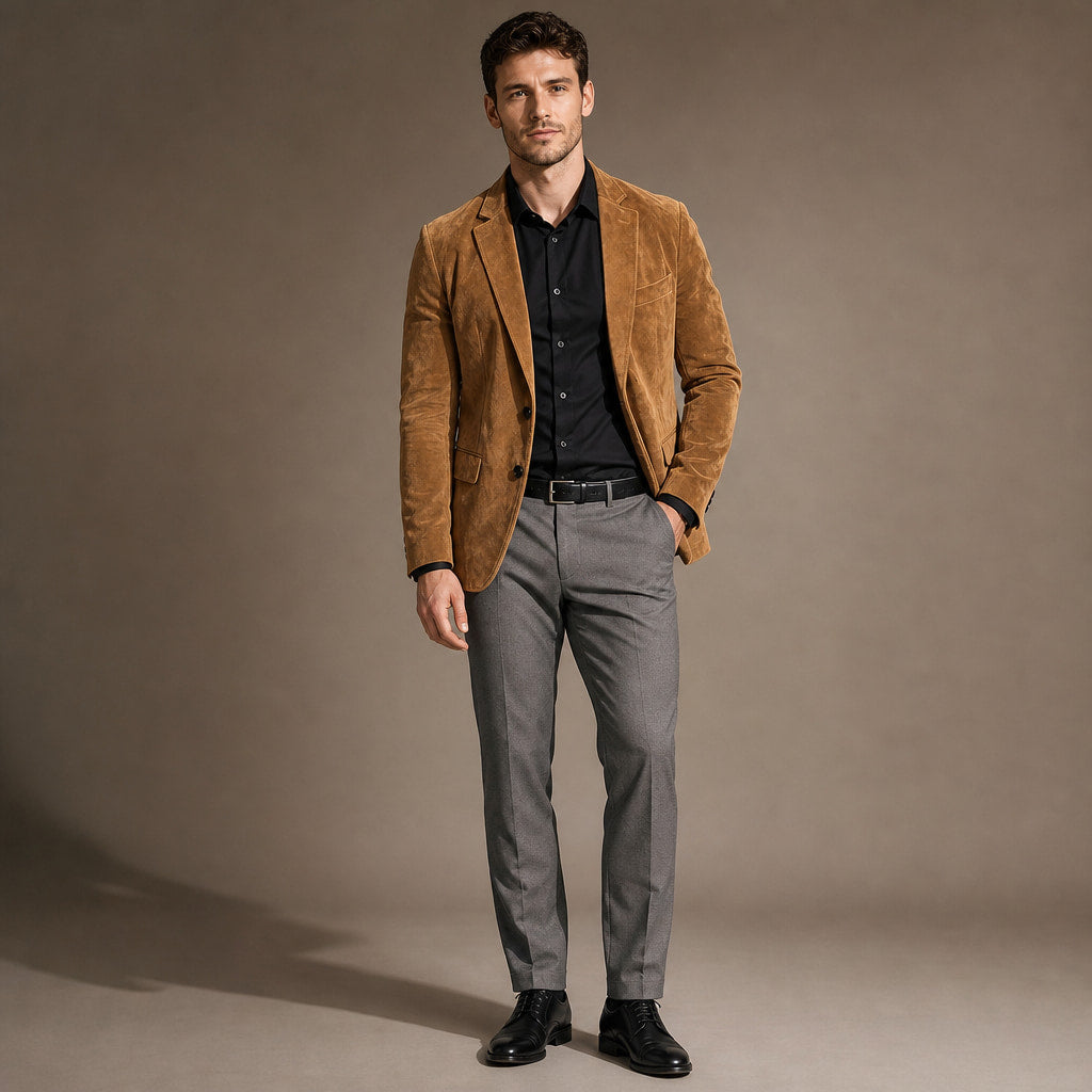 Suede Blazer Slim Fit Two Button Khaki – Full Look
