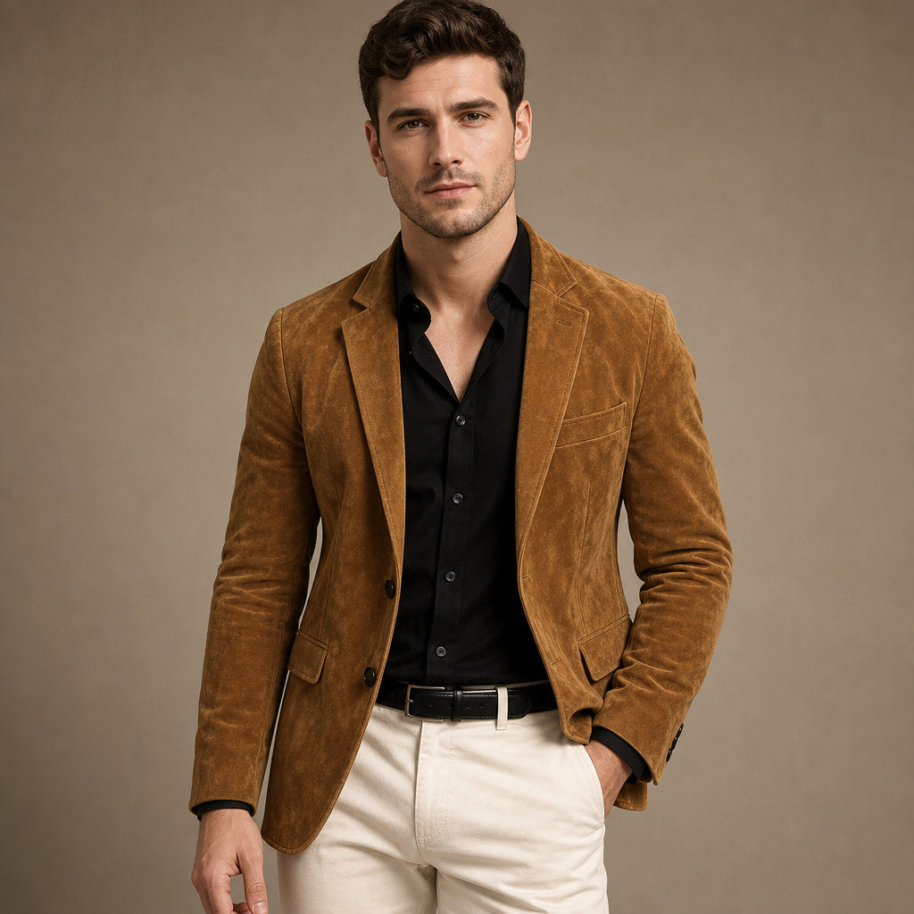 Suede Blazer Slim Fit Two Button Khaki – Product Photo