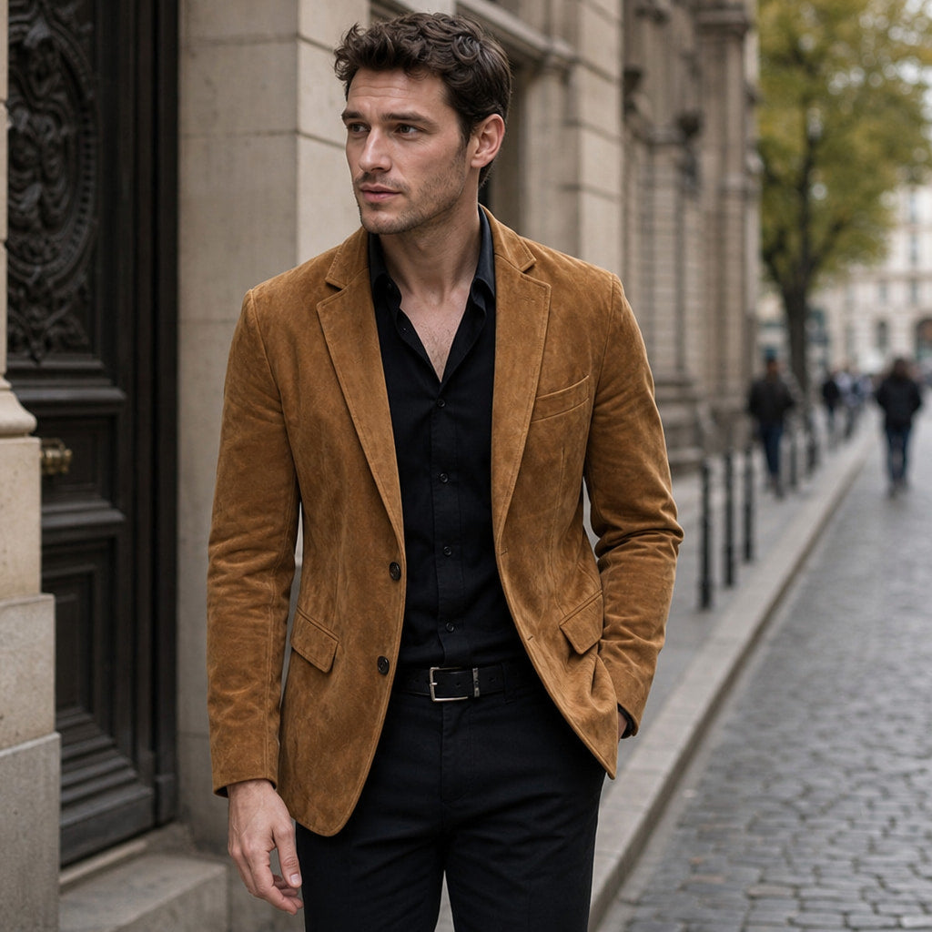 Suede Blazer Slim Fit Two Button Khaki – Styled Editorial Shot
