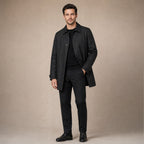 Trench Coat Medium Length Lapel Button-Up Black – Side Angle View