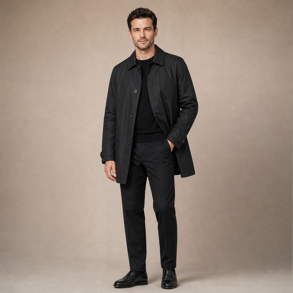Trench Coat Medium Length Lapel Button-Up Black – Side Angle View