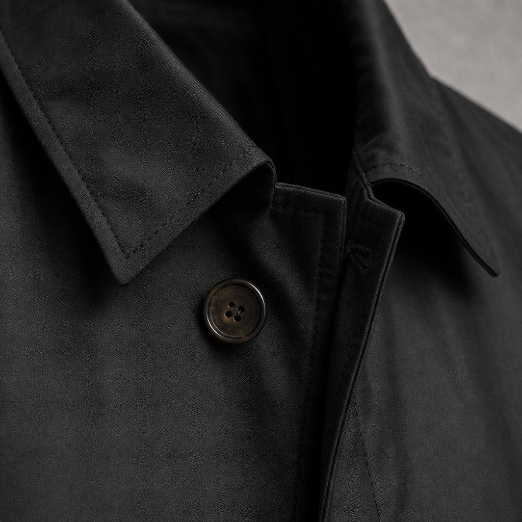 Trench Coat Medium Length Lapel Button-Up Black – Fabric and Detail Close-Up