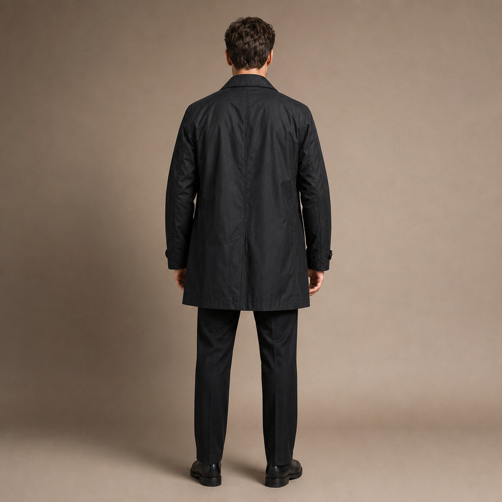 Trench Coat Medium Length Lapel Button-Up Black – Full Look