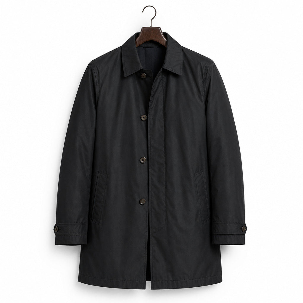 Trench Coat Medium Length Lapel Button-Up Black – Product Photo
