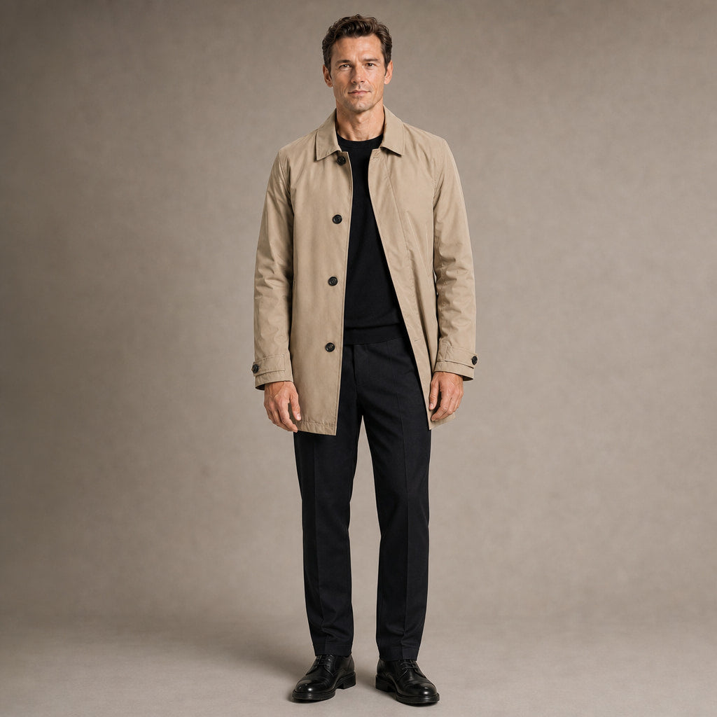 Trench Coat Medium Length Lapel Button-Up in Khaki – Tarlano Premium Menswear