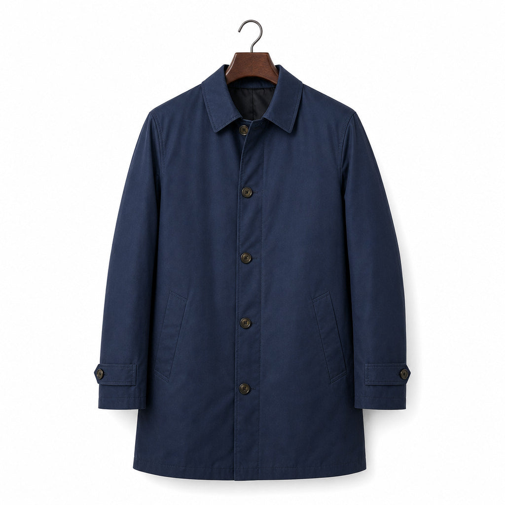 Trench Coat Medium Length Lapel Button-Up Navy – Product Photo