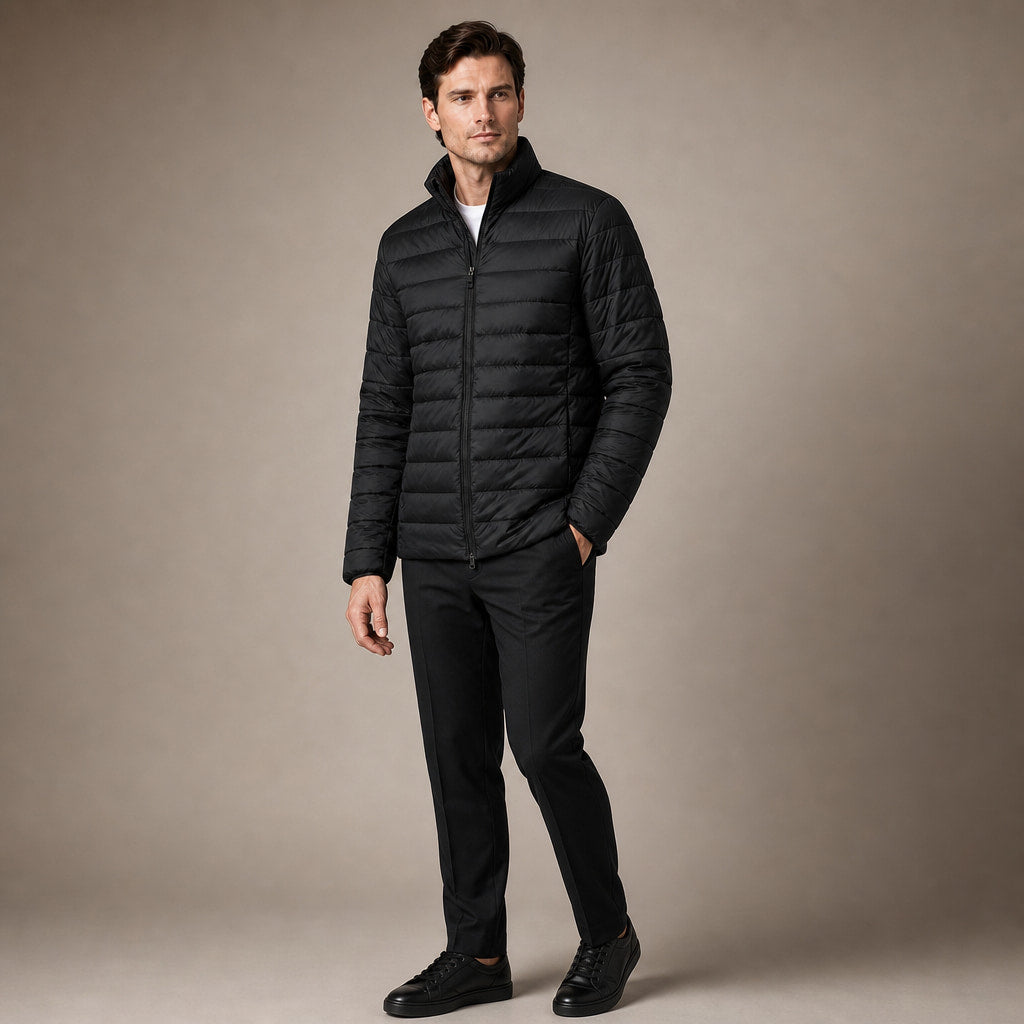 Puffer Jacket Stand Collar Windproof Insulated Black – Side Angle View