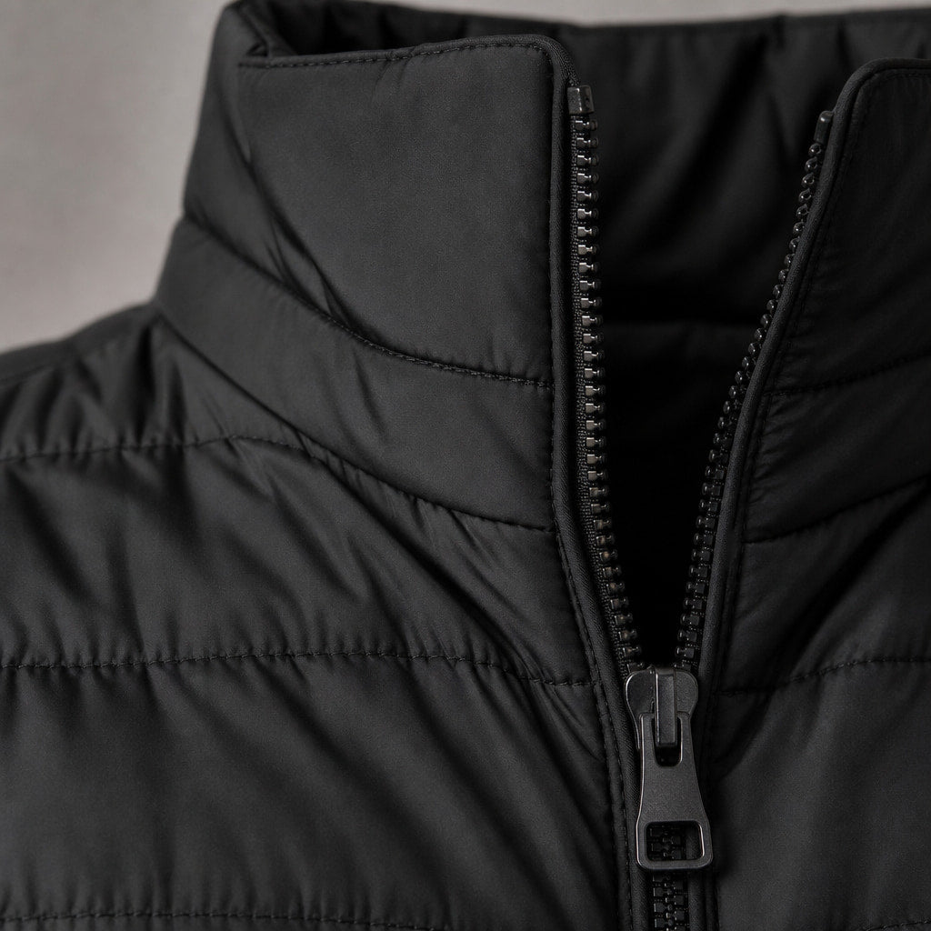 Puffer Jacket Stand Collar Windproof Insulated Black – Fabric and Detail Close-Up