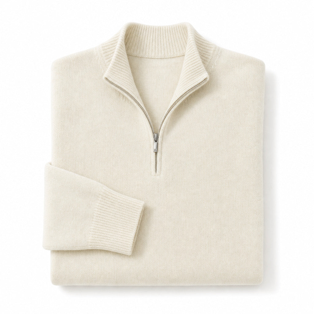 Quarter Zip Sweater Wool Blend V-Neck Ribbed Beige – Product Photo