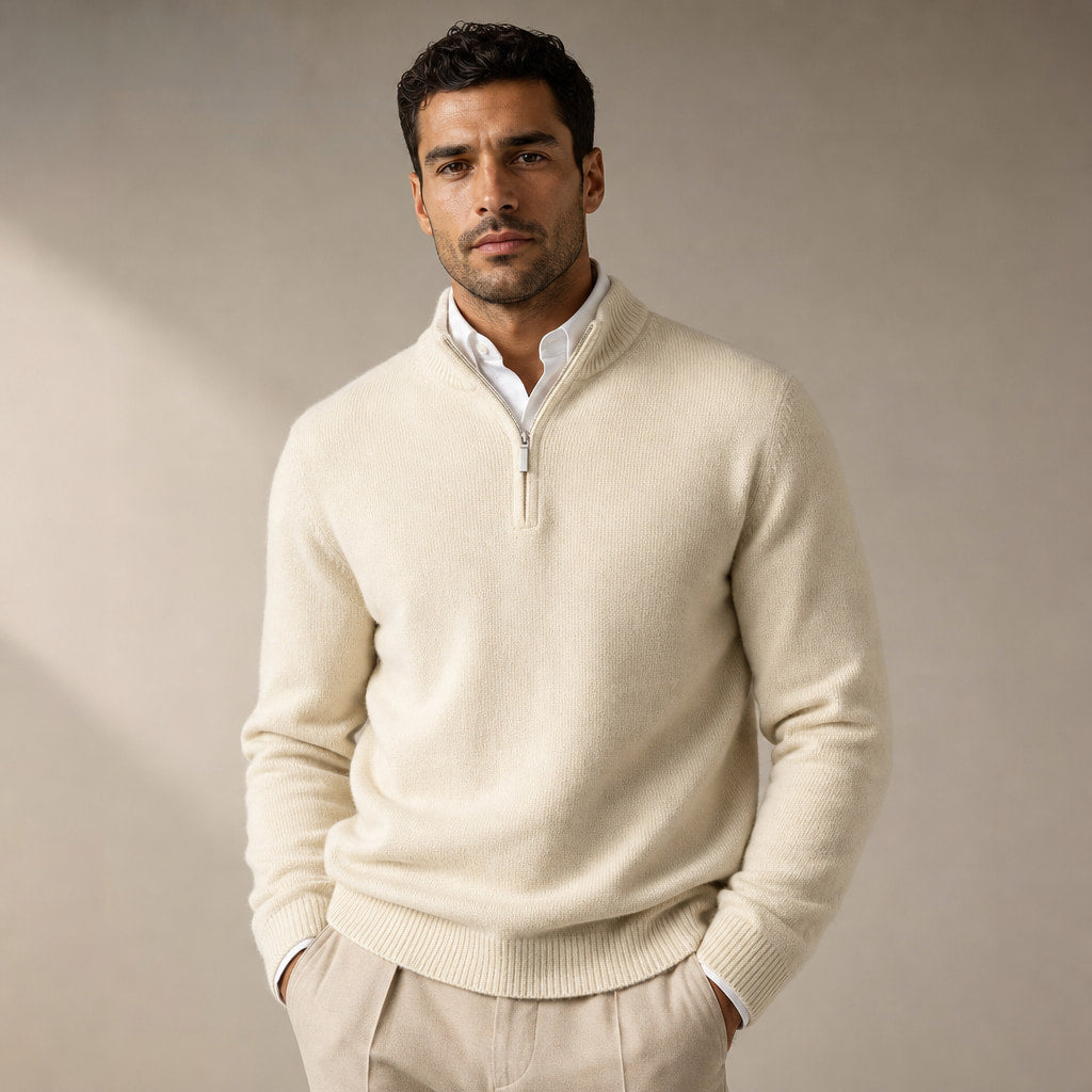 Quarter Zip Sweater Wool Blend V-Neck Ribbed in Beige – Tarlano Premium Menswear