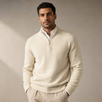 Quarter Zip Sweater Wool Blend V-Neck Ribbed in Beige – Tarlano Premium Menswear