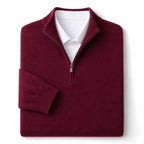 Quarter Zip Sweater Wool Blend V-Neck Ribbed Burgundy – Product Photo