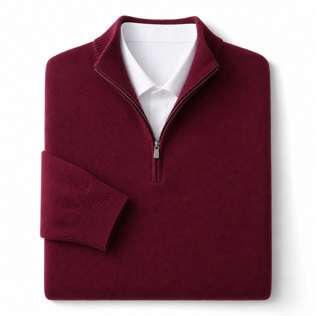 Quarter Zip Sweater Wool Blend V-Neck Ribbed Burgundy – Product Photo