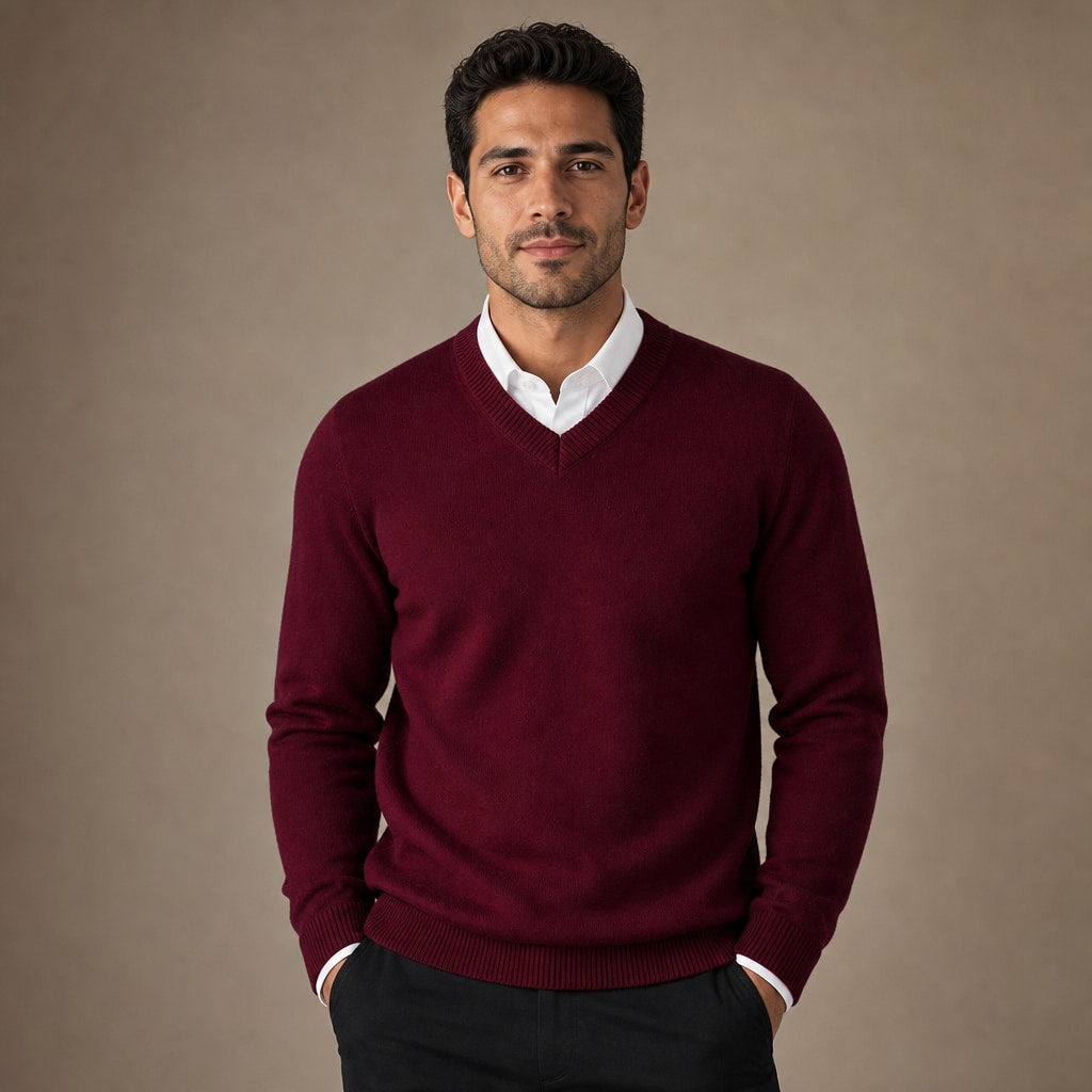 Quarter Zip Sweater Wool Blend V-Neck Ribbed in Burgundy – Tarlano Premium Menswear