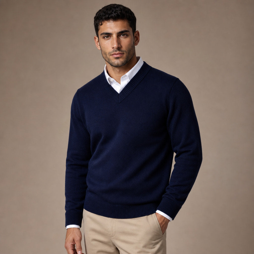 Quarter Zip Sweater Wool Blend V-Neck Ribbed Deep Blue – Side Angle View