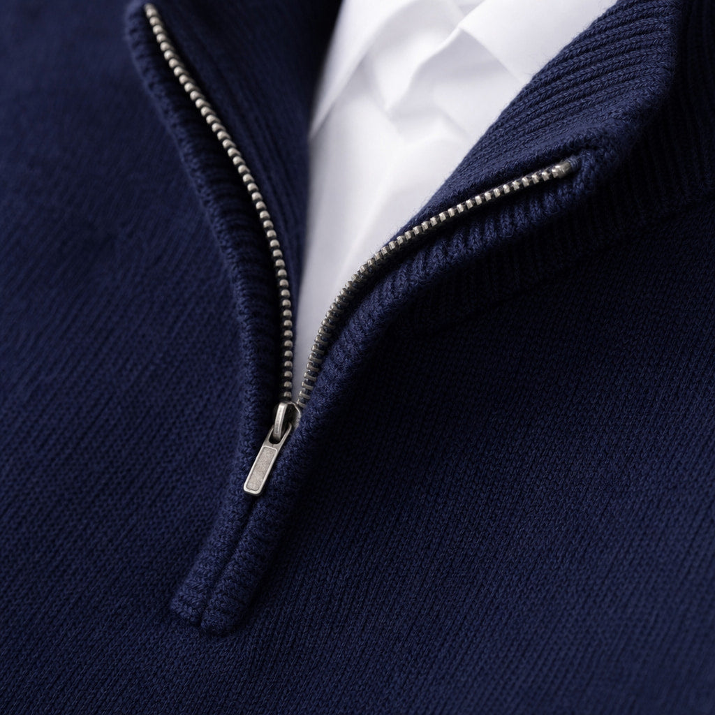 Quarter Zip Sweater Wool Blend V-Neck Ribbed Deep Blue – Fabric and Detail Close-Up