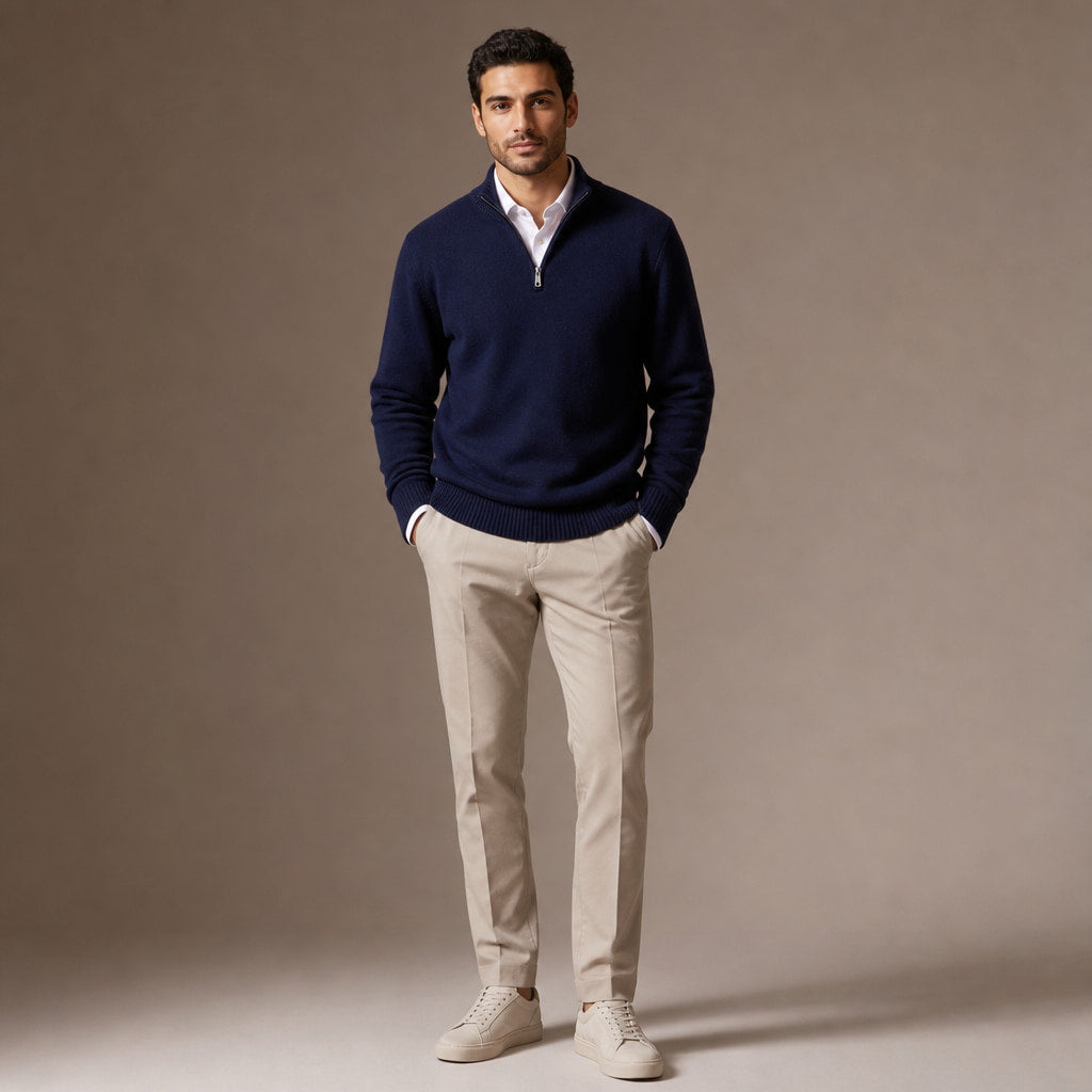 Quarter Zip Sweater Wool Blend V-Neck Ribbed Deep Blue – Full Look