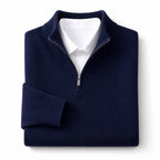 Quarter Zip Sweater Wool Blend V-Neck Ribbed Deep Blue – Product Photo