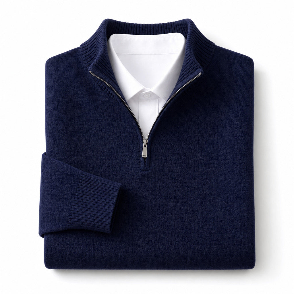 Quarter Zip Sweater Wool Blend V-Neck Ribbed Deep Blue – Product Photo