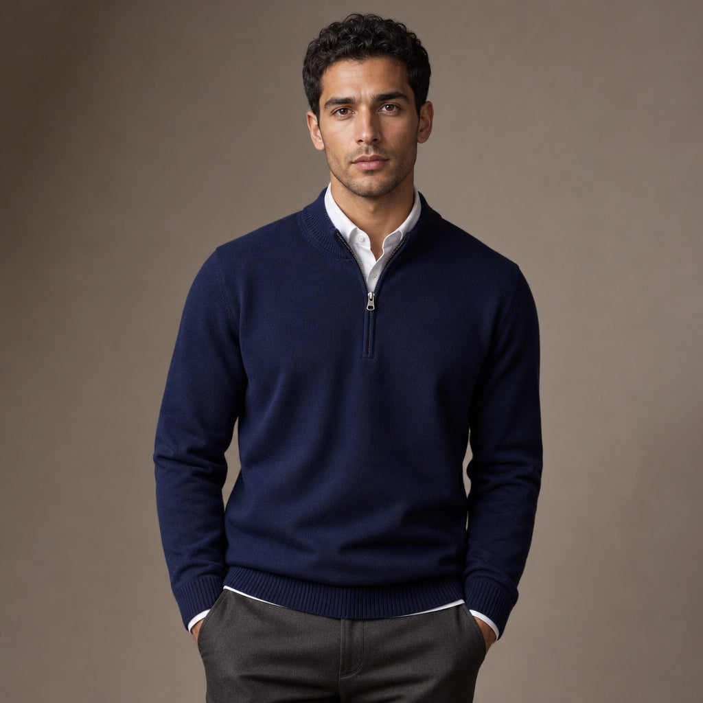 Quarter Zip Sweater Wool Blend V-Neck Ribbed in Deep Blue – Tarlano Premium Menswear