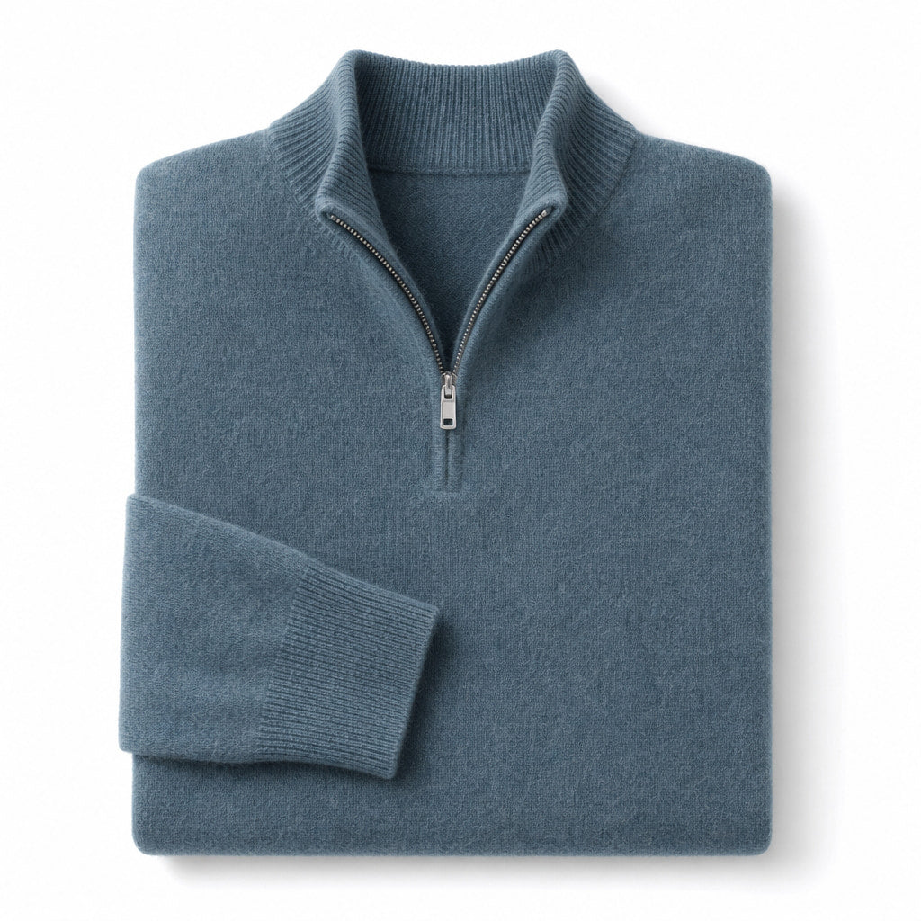 Quarter Zip Sweater Wool Blend V-Neck Ribbed Deep Teal – Product Photo