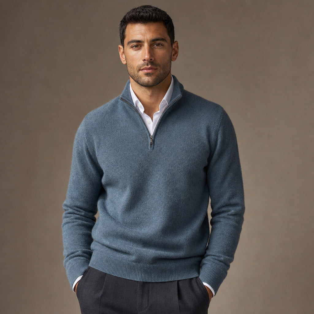 Quarter Zip Sweater Wool Blend V-Neck Ribbed in Deep Teal – Tarlano Premium Menswear