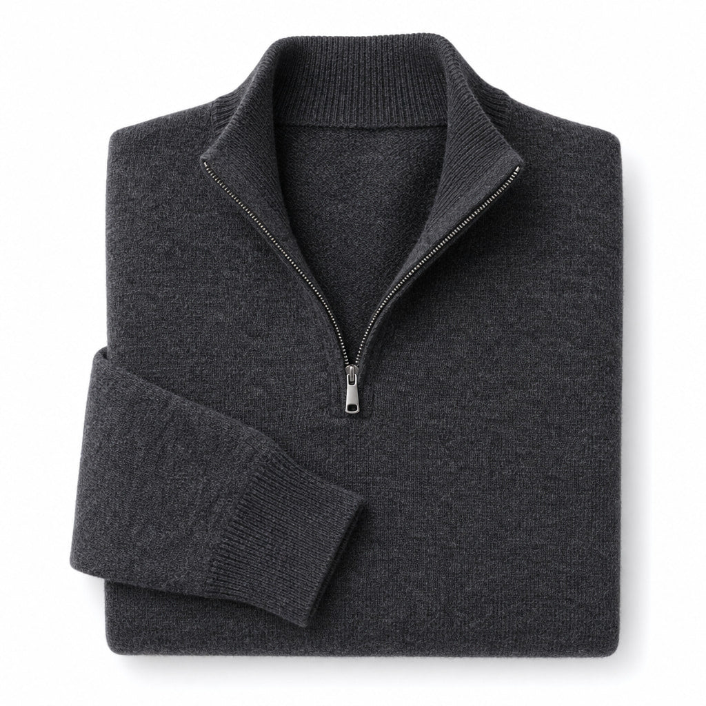 Quarter Zip Sweater Wool Blend V-Neck Ribbed Gray – Product Photo