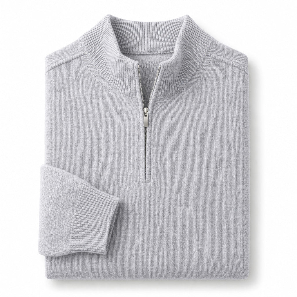 Quarter Zip Sweater Wool Blend V-Neck Ribbed Light Gray – Product Photo