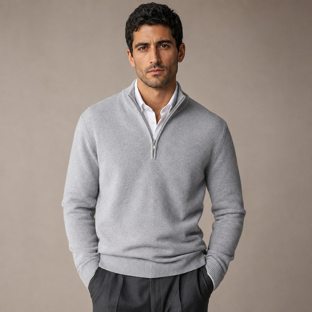 Quarter Zip Sweater Wool Blend V-Neck Ribbed in Light Gray – Tarlano Premium Menswear