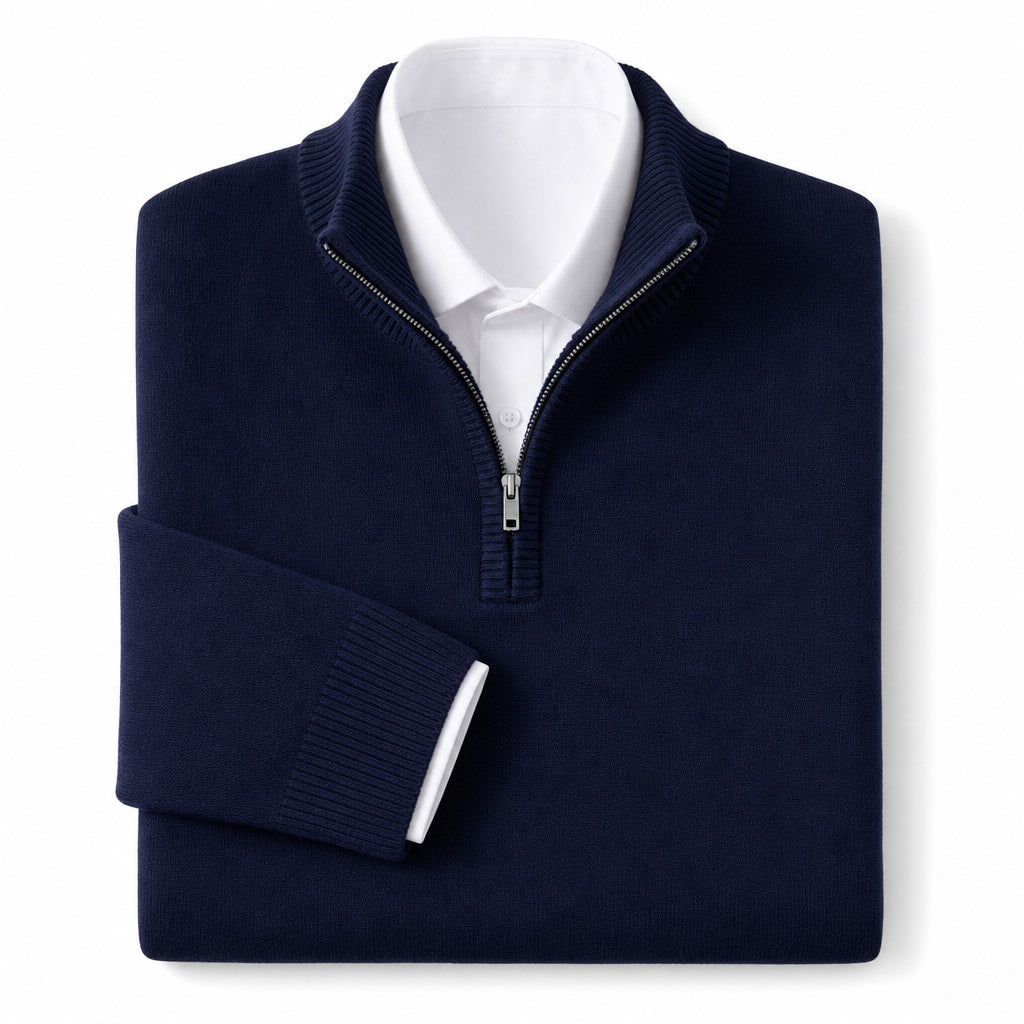 Quarter Zip Sweater Wool Blend V-Neck Ribbed Navy – Product Photo