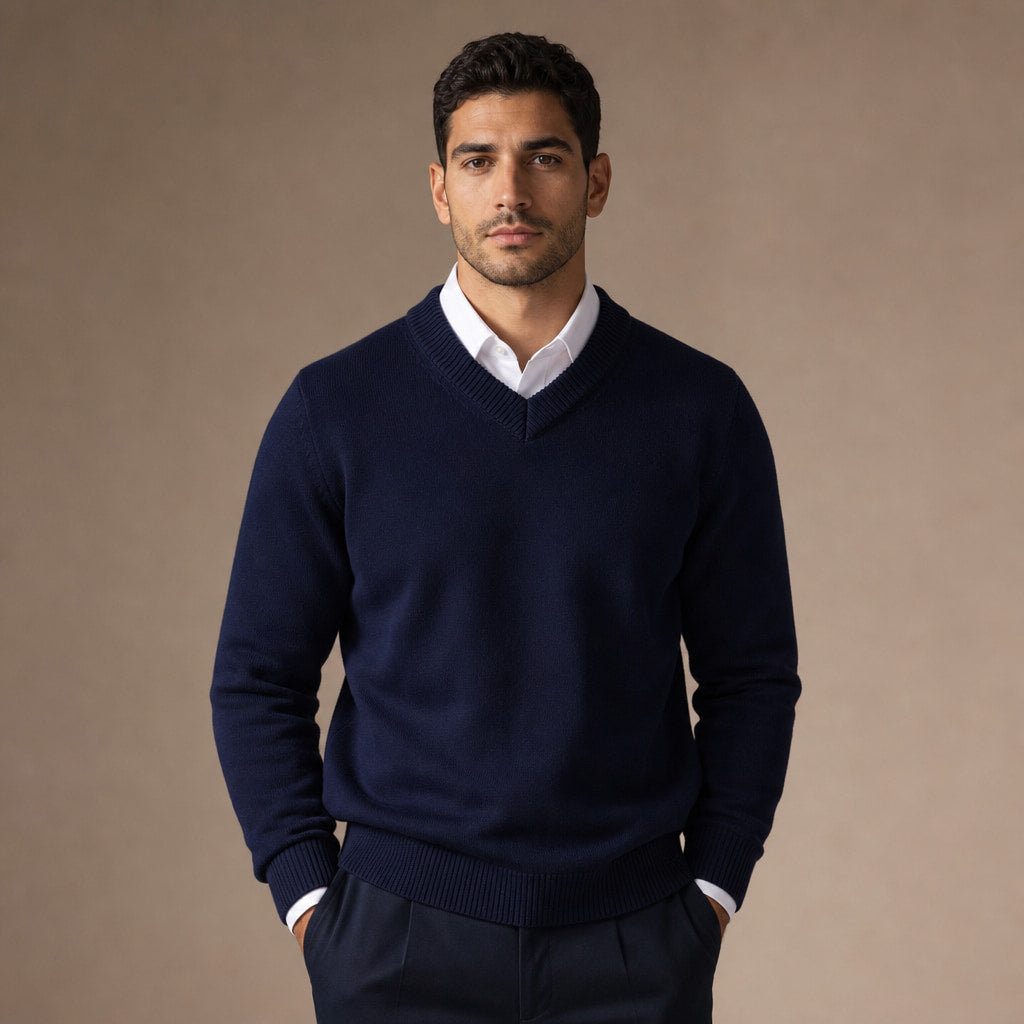 Quarter Zip Sweater Wool Blend V-Neck Ribbed in Navy – Tarlano Premium Menswear