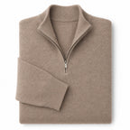 Quarter Zip Sweater Wool Blend V-Neck Ribbed Warm Camel – Product Photo