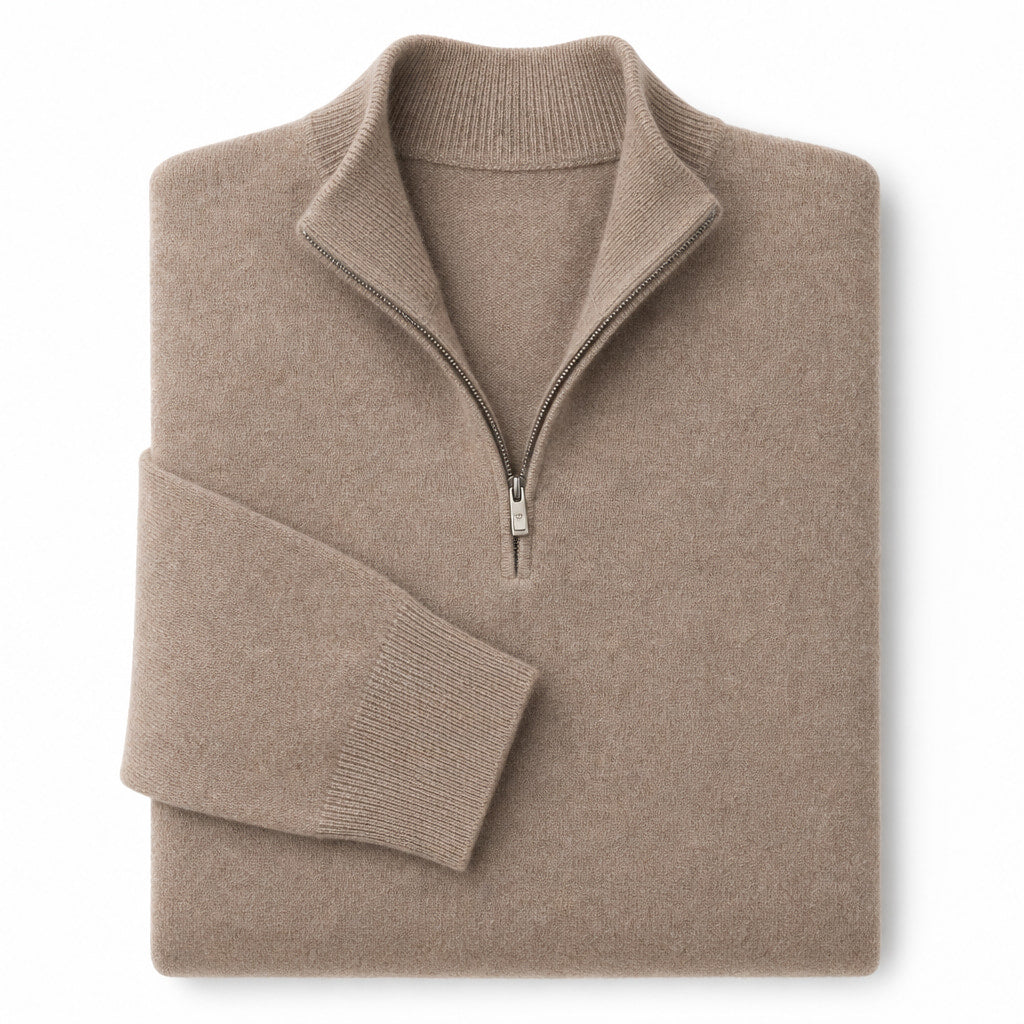 Quarter Zip Sweater Wool Blend V-Neck Ribbed Warm Camel – Product Photo